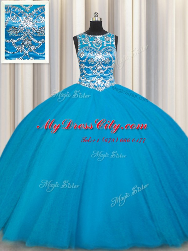 Traditional Scoop Sleeveless Sweet 16 Quinceanera Dress Floor Length Beading Teal Tulle