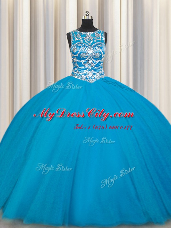 Traditional Scoop Sleeveless Sweet 16 Quinceanera Dress Floor Length Beading Teal Tulle