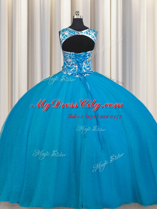 Traditional Scoop Sleeveless Sweet 16 Quinceanera Dress Floor Length Beading Teal Tulle