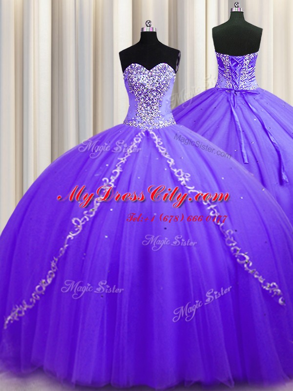 Lavender Tulle Lace Up Sweet 16 Quinceanera Dress Sleeveless Sweep Train Beading