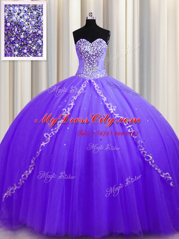 Lavender Tulle Lace Up Sweet 16 Quinceanera Dress Sleeveless Sweep Train Beading