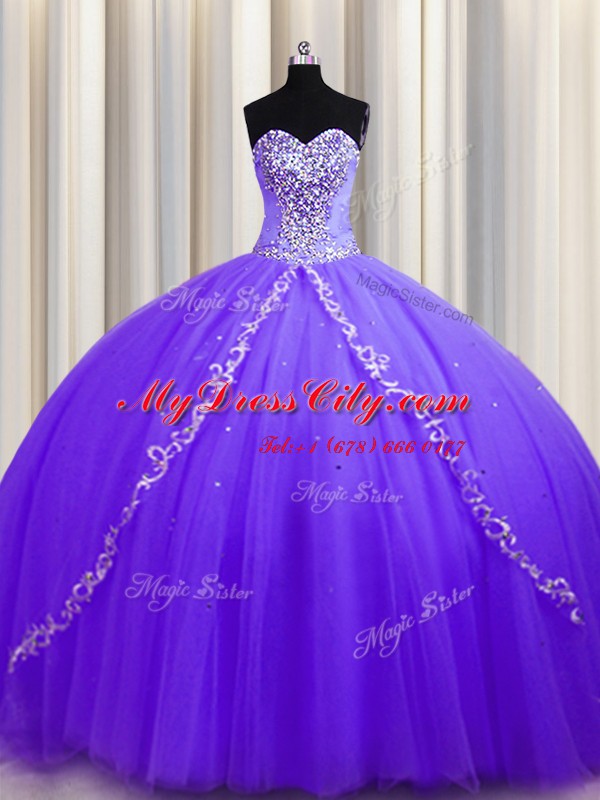 Lavender Tulle Lace Up Sweet 16 Quinceanera Dress Sleeveless Sweep Train Beading