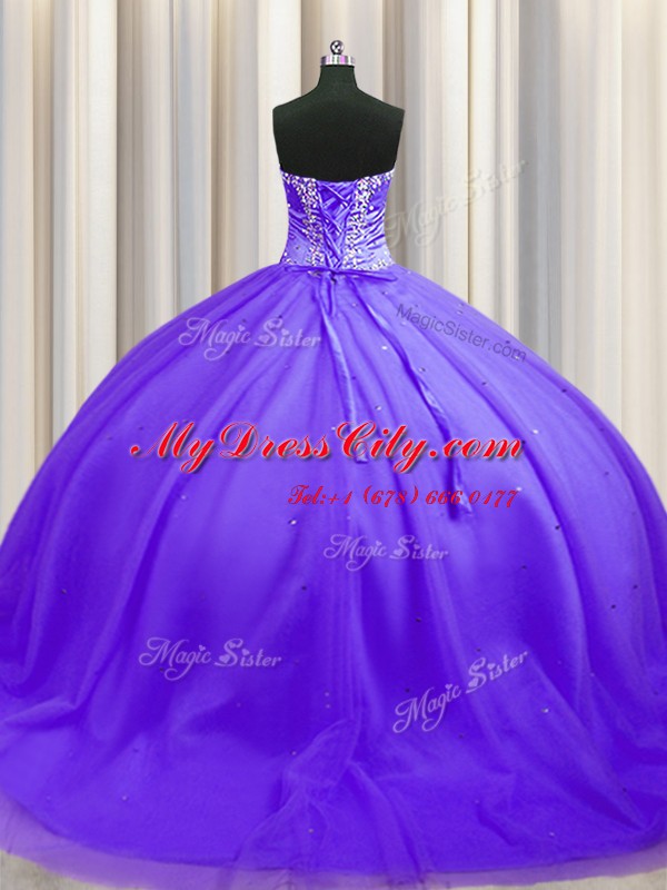 Lavender Tulle Lace Up Sweet 16 Quinceanera Dress Sleeveless Sweep Train Beading