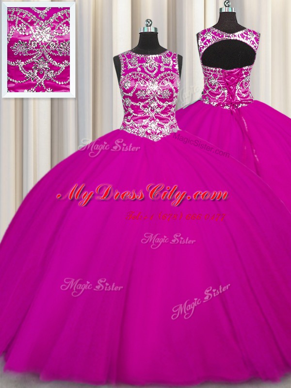 Glamorous Fuchsia Lace Up Scoop Beading and Appliques 15 Quinceanera Dress Tulle Sleeveless