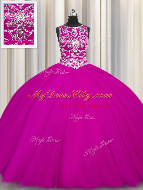 Glamorous Fuchsia Lace Up Scoop Beading and Appliques 15 Quinceanera Dress Tulle Sleeveless