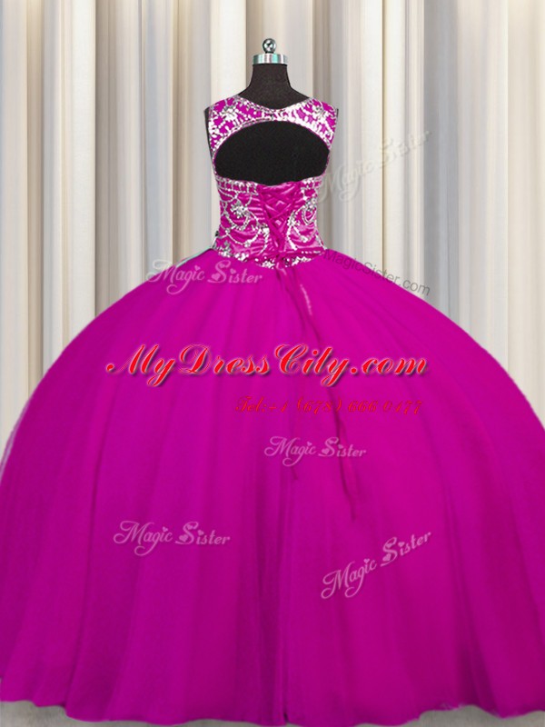 Glamorous Fuchsia Lace Up Scoop Beading and Appliques 15 Quinceanera Dress Tulle Sleeveless