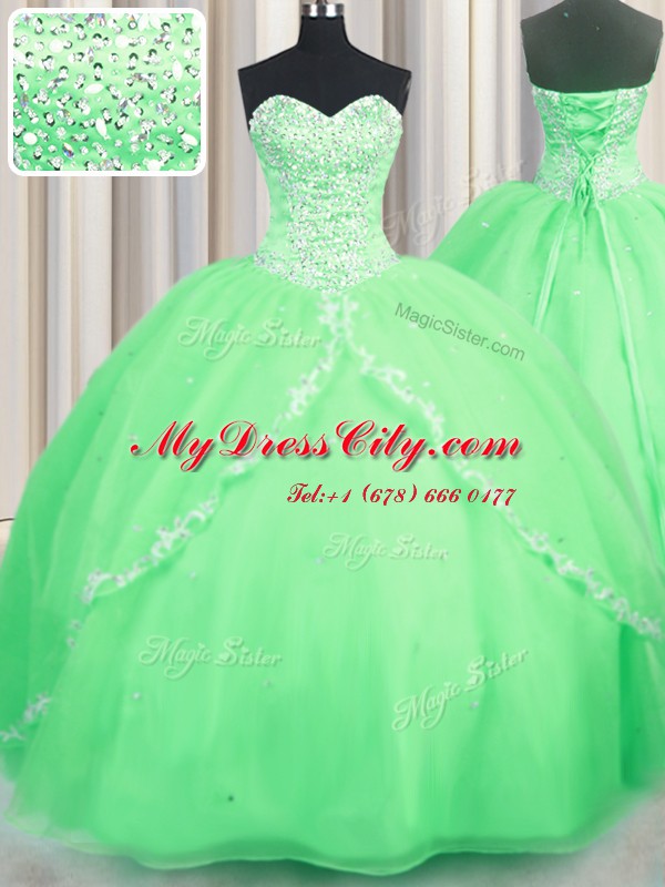 Flirting Lace Up Sweetheart Beading and Appliques Quince Ball Gowns Organza Sleeveless Brush Train