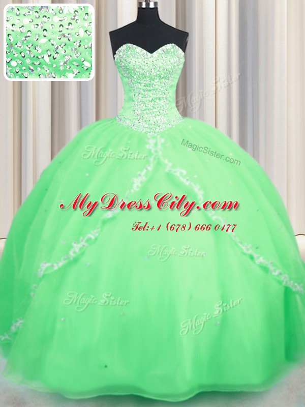 Flirting Lace Up Sweetheart Beading and Appliques Quince Ball Gowns Organza Sleeveless Brush Train