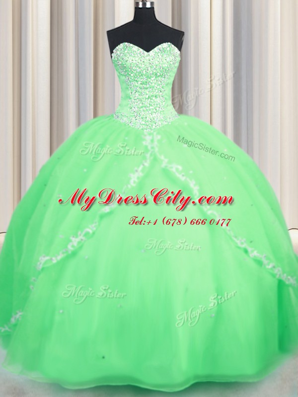 Flirting Lace Up Sweetheart Beading and Appliques Quince Ball Gowns Organza Sleeveless Brush Train