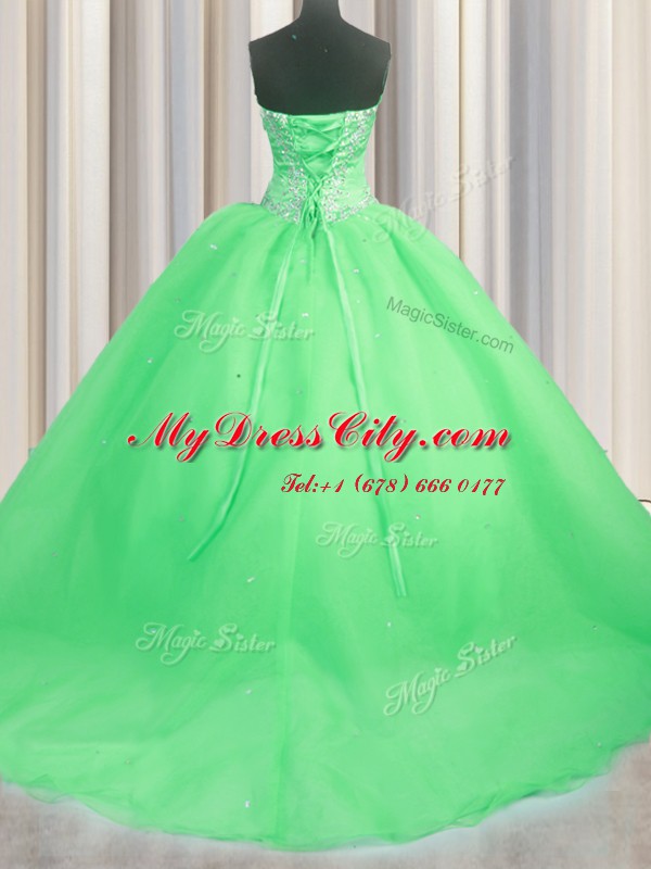 Flirting Lace Up Sweetheart Beading and Appliques Quince Ball Gowns Organza Sleeveless Brush Train