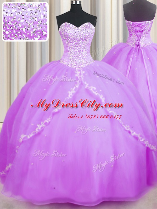 Lilac Ball Gowns Sweetheart Sleeveless Organza With Brush Train Lace Up Beading and Appliques 15 Quinceanera Dress