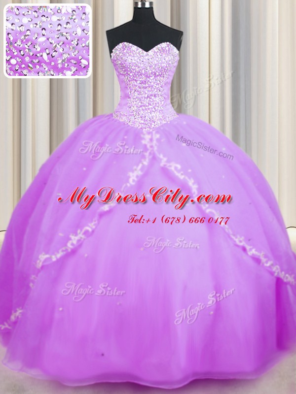 Lilac Ball Gowns Sweetheart Sleeveless Organza With Brush Train Lace Up Beading and Appliques 15 Quinceanera Dress