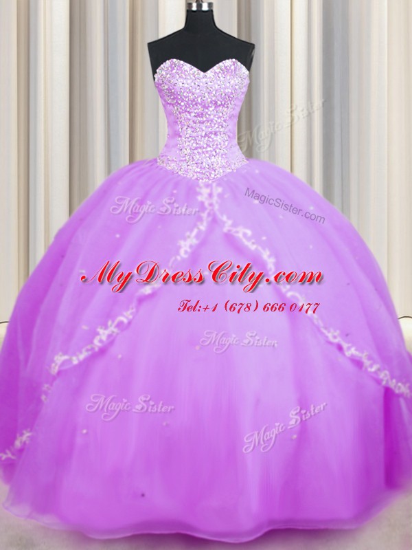 Lilac Ball Gowns Sweetheart Sleeveless Organza With Brush Train Lace Up Beading and Appliques 15 Quinceanera Dress