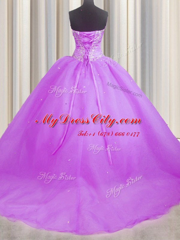 Lilac Ball Gowns Sweetheart Sleeveless Organza With Brush Train Lace Up Beading and Appliques 15 Quinceanera Dress