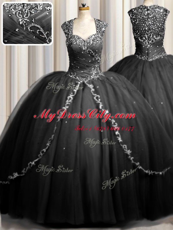 Zipple Up Brush Train Black Ball Gowns Beading and Appliques Quinceanera Dresses Zipper Tulle Cap Sleeves