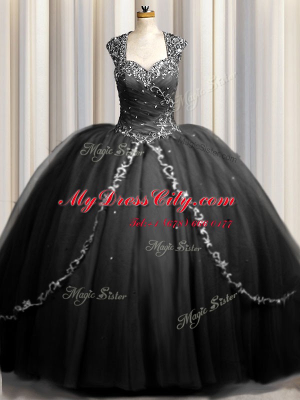 Zipple Up Brush Train Black Ball Gowns Beading and Appliques Quinceanera Dresses Zipper Tulle Cap Sleeves