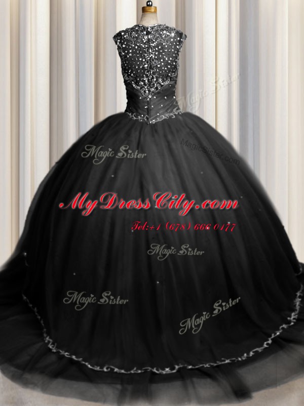 Zipple Up Brush Train Black Ball Gowns Beading and Appliques Quinceanera Dresses Zipper Tulle Cap Sleeves