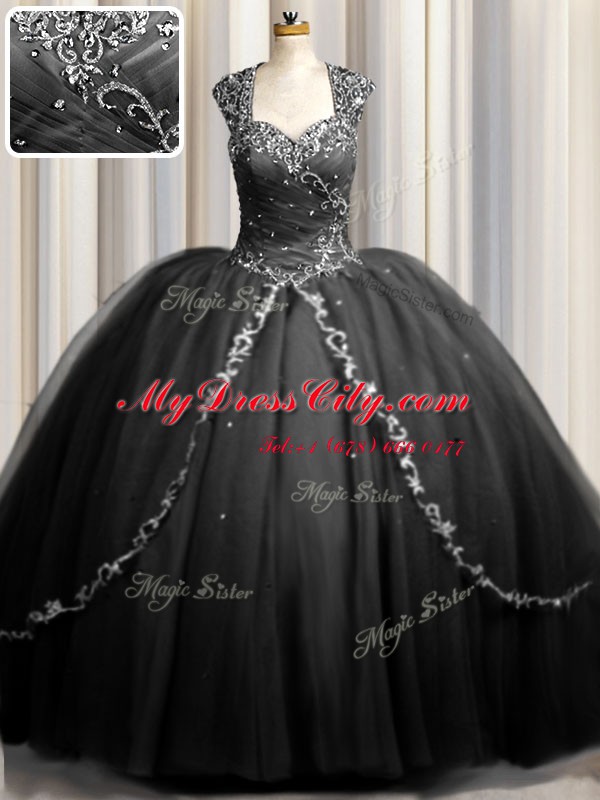 Zipple Up Brush Train Black Ball Gowns Beading and Appliques Quinceanera Dresses Zipper Tulle Cap Sleeves