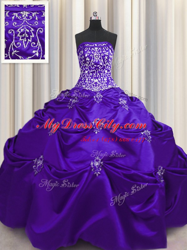 Custom Fit Embroidery Floor Length Ball Gowns Sleeveless Purple Quince Ball Gowns Lace Up