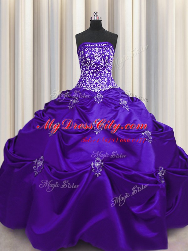 Custom Fit Embroidery Floor Length Ball Gowns Sleeveless Purple Quince Ball Gowns Lace Up