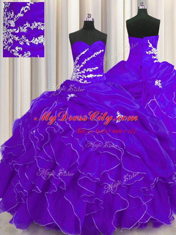 Ideal Sleeveless Floor Length Beading and Appliques and Ruffles Lace Up 15 Quinceanera Dress with Purple