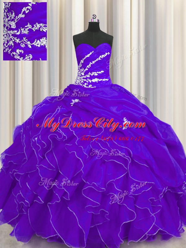 Ideal Sleeveless Floor Length Beading and Appliques and Ruffles Lace Up 15 Quinceanera Dress with Purple