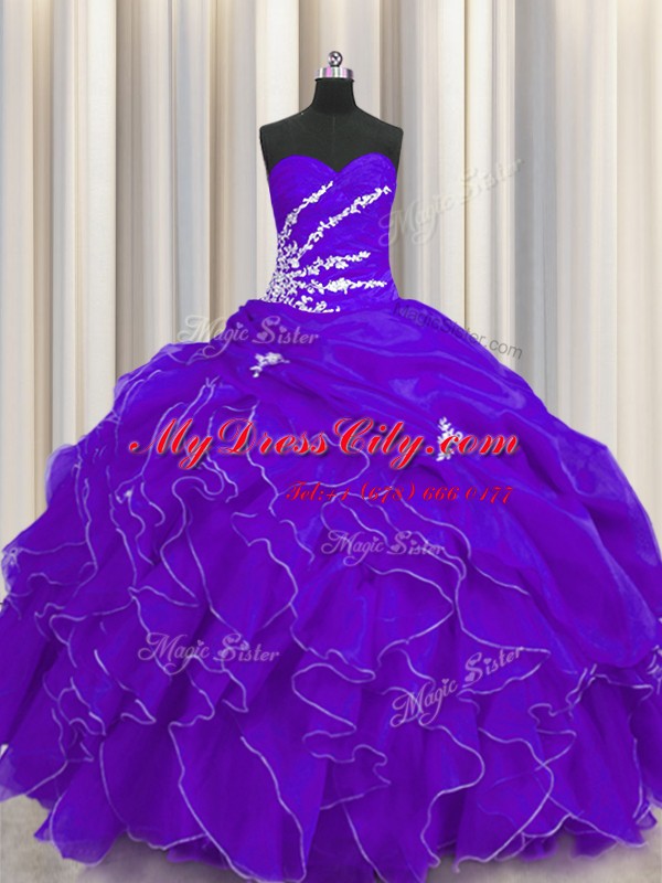 Ideal Sleeveless Floor Length Beading and Appliques and Ruffles Lace Up 15 Quinceanera Dress with Purple