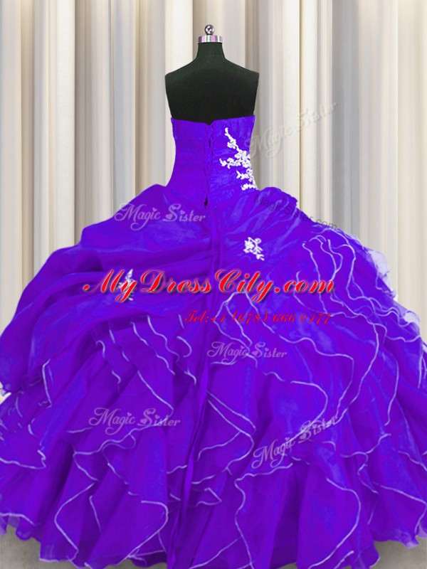 Ideal Sleeveless Floor Length Beading and Appliques and Ruffles Lace Up 15 Quinceanera Dress with Purple