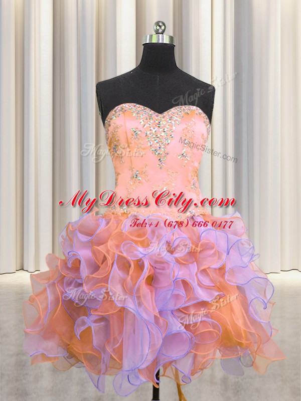 Three Piece Floor Length Lace Up 15 Quinceanera Dress Multi-color for Military Ball and Sweet 16 and Quinceanera with Beading and Appliques and Ruffles