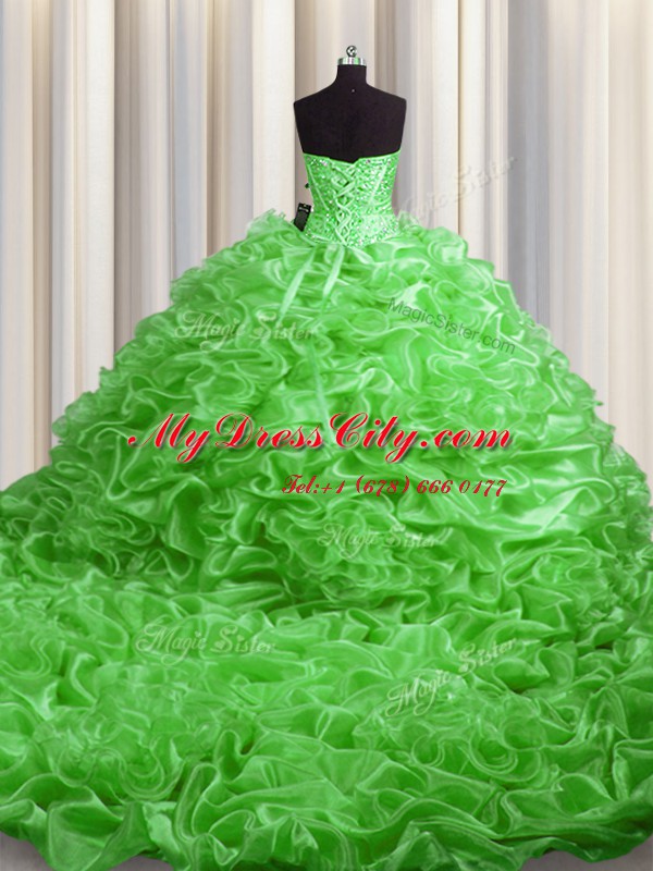 Custom Fit Lace Up Sweetheart Beading and Pick Ups Sweet 16 Quinceanera Dress Organza Sleeveless Court Train