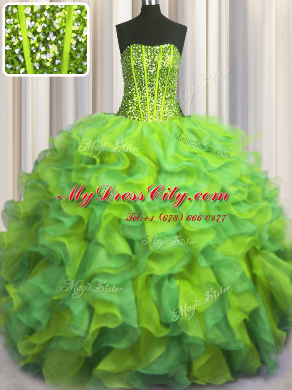 Amazing Visible Boning Beaded Bodice Sleeveless Beading and Ruffles Lace Up Quince Ball Gowns