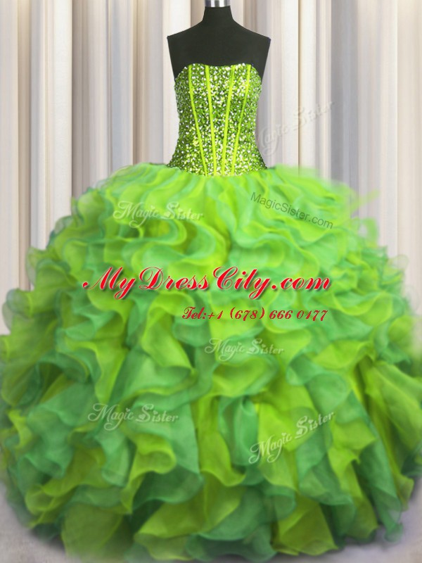 Amazing Visible Boning Beaded Bodice Sleeveless Beading and Ruffles Lace Up Quince Ball Gowns