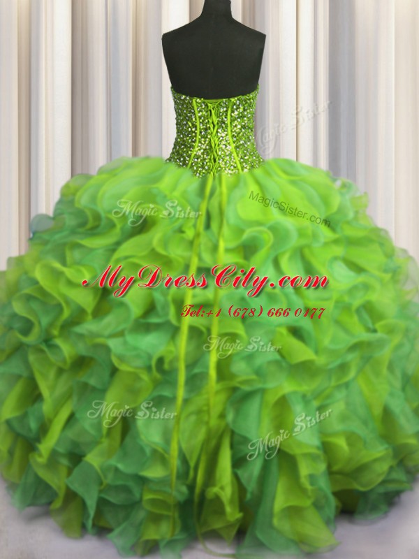 Amazing Visible Boning Beaded Bodice Sleeveless Beading and Ruffles Lace Up Quince Ball Gowns