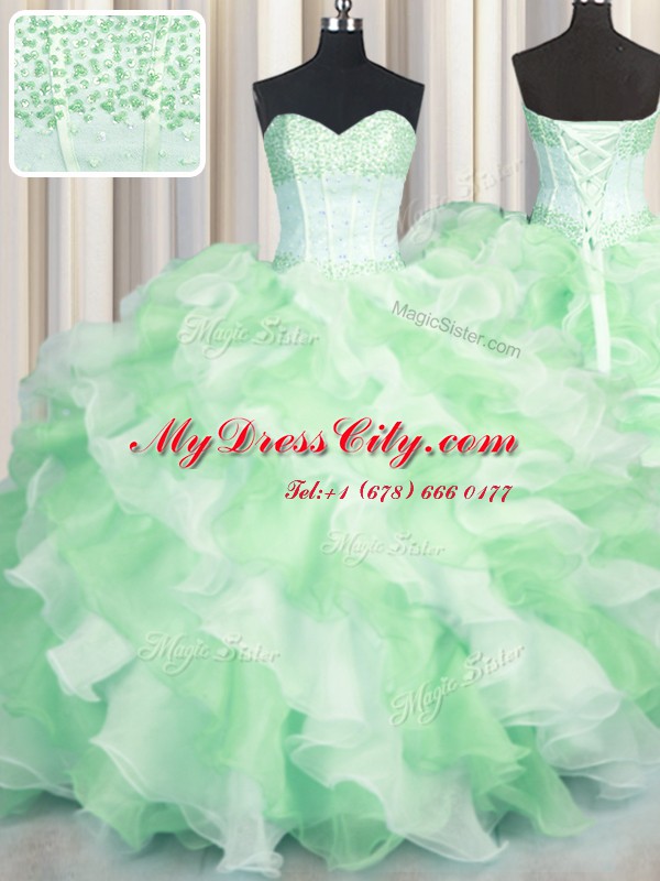 Visible Boning Two Tone Multi-color Sleeveless Beading and Ruffles Floor Length Ball Gown Prom Dress