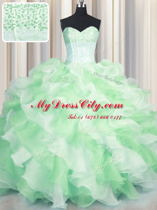 Visible Boning Two Tone Multi-color Sleeveless Beading and Ruffles Floor Length Ball Gown Prom Dress