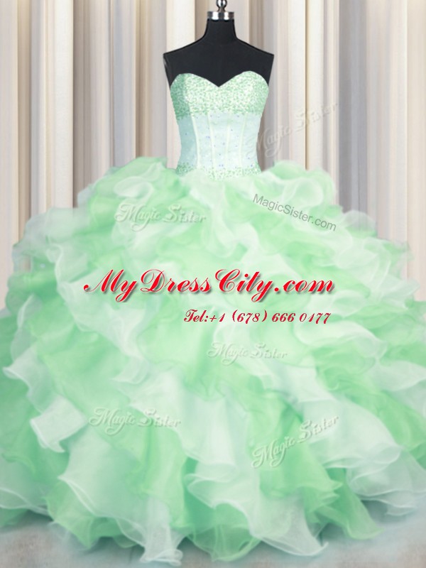 Visible Boning Two Tone Multi-color Sleeveless Beading and Ruffles Floor Length Ball Gown Prom Dress