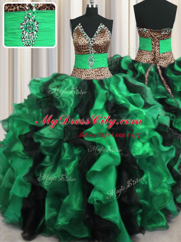 Cute Leopard Two Tone V Neck Beading and Ruffles Sweet 16 Quinceanera Dress Multi-color Lace Up Sleeveless Floor Length