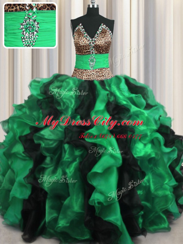 Cute Leopard Two Tone V Neck Beading and Ruffles Sweet 16 Quinceanera Dress Multi-color Lace Up Sleeveless Floor Length