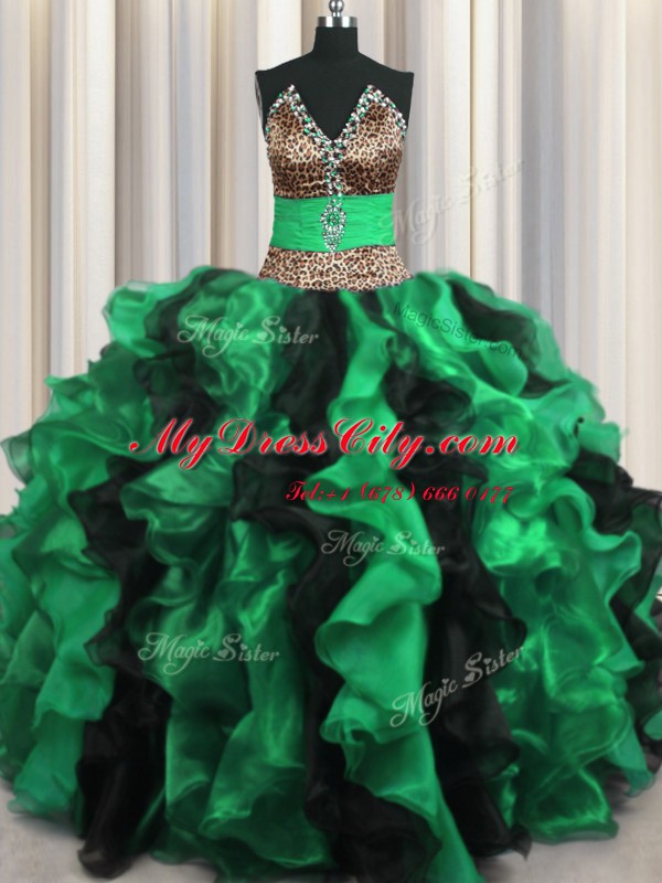 Cute Leopard Two Tone V Neck Beading and Ruffles Sweet 16 Quinceanera Dress Multi-color Lace Up Sleeveless Floor Length