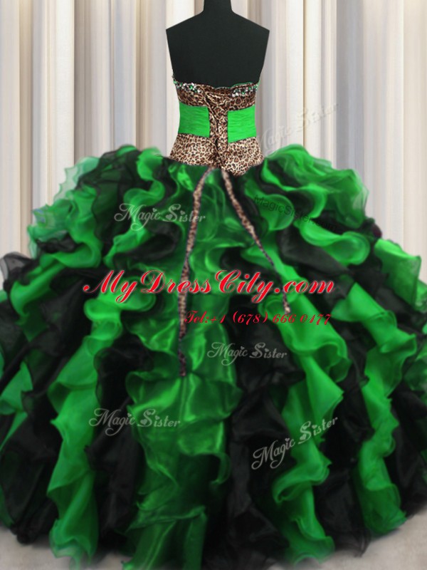 Cute Leopard Two Tone V Neck Beading and Ruffles Sweet 16 Quinceanera Dress Multi-color Lace Up Sleeveless Floor Length