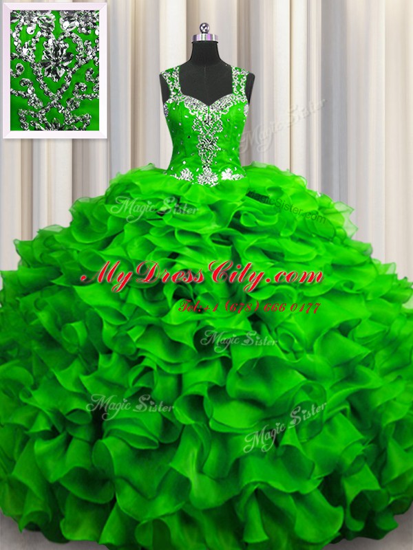 Zipple Up See Through Back Straps Sleeveless Organza 15 Quinceanera Dress Beading and Ruffles Zipper