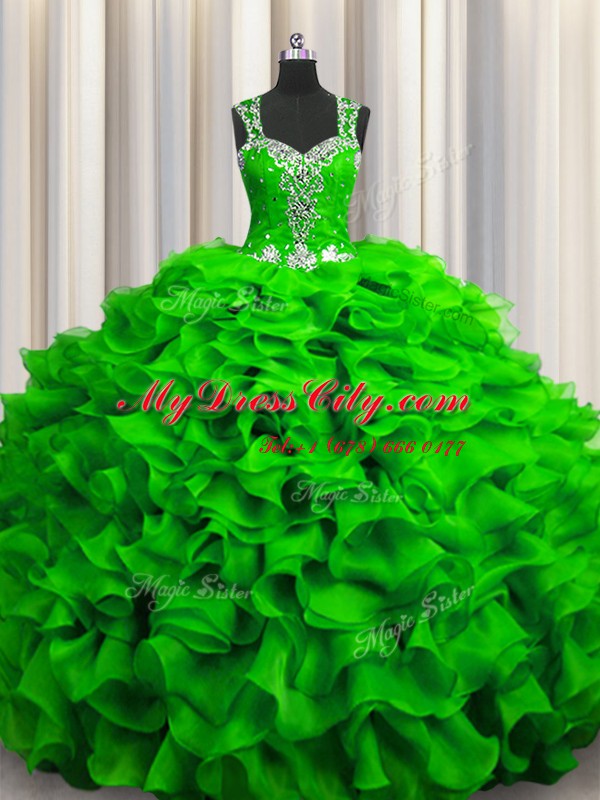 Zipple Up See Through Back Straps Sleeveless Organza 15 Quinceanera Dress Beading and Ruffles Zipper