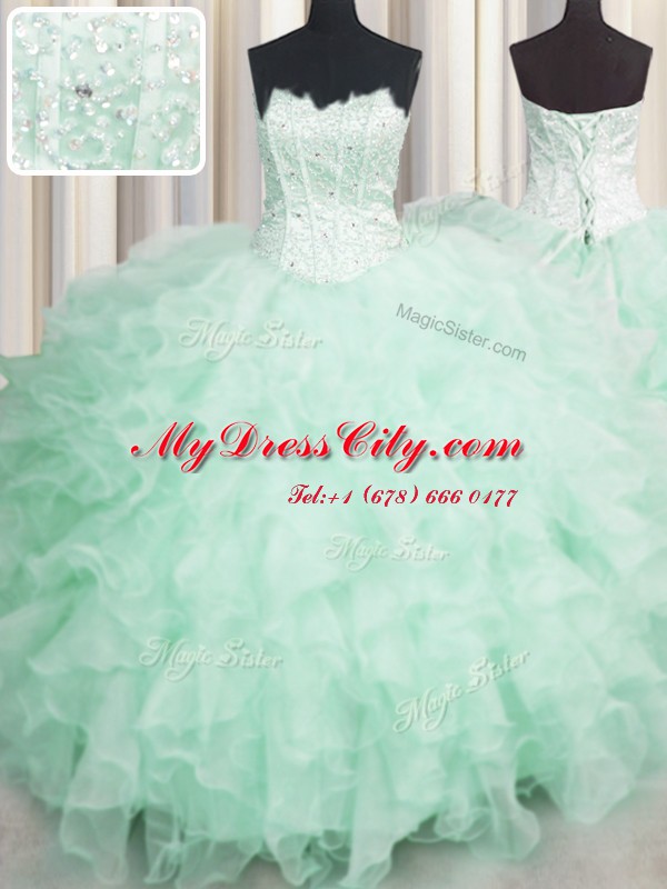 Glorious Scalloped Visible Boning Beading and Ruffles 15th Birthday Dress Apple Green Lace Up Sleeveless Floor Length