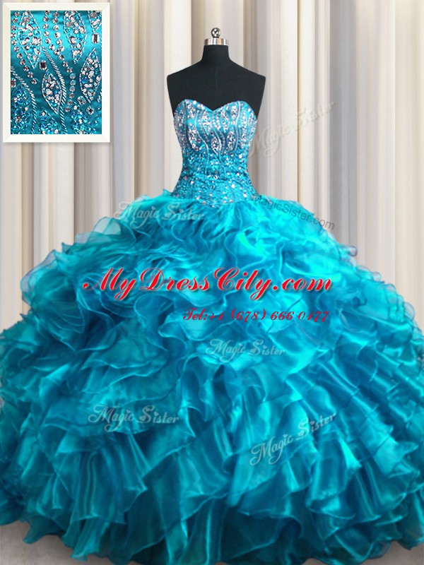 Extravagant Brush Train Teal Sleeveless With Train Beading and Ruffles Lace Up Sweet 16 Dresses