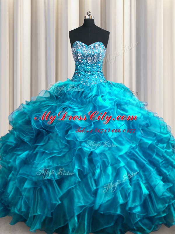 Extravagant Brush Train Teal Sleeveless With Train Beading and Ruffles Lace Up Sweet 16 Dresses