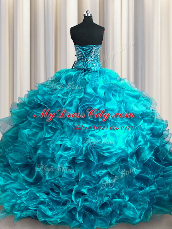 Extravagant Brush Train Teal Sleeveless With Train Beading and Ruffles Lace Up Sweet 16 Dresses