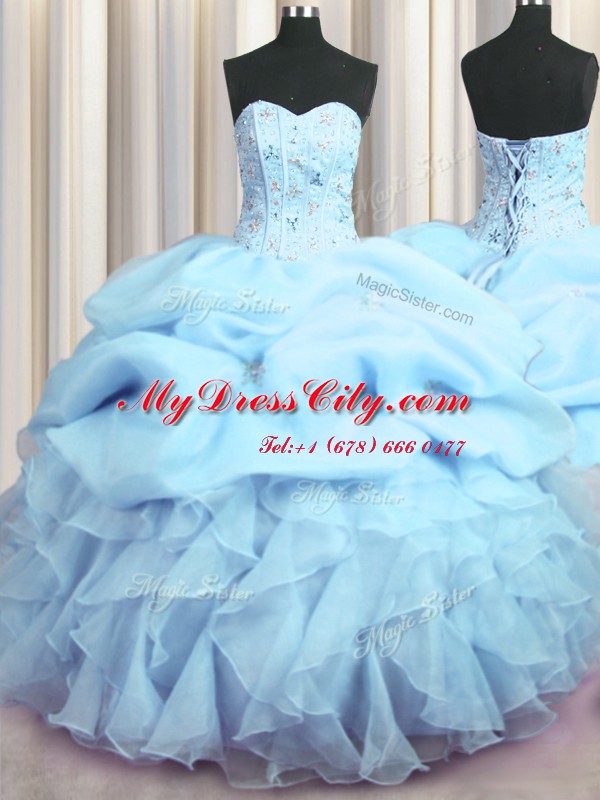 Visible Boning Baby Blue Quinceanera Gowns Military Ball and Sweet 16 and Quinceanera and For with Beading and Ruffles and Pick Ups Sweetheart Sleeveless Lace Up