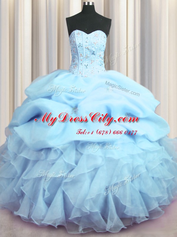 Visible Boning Baby Blue Quinceanera Gowns Military Ball and Sweet 16 and Quinceanera and For with Beading and Ruffles and Pick Ups Sweetheart Sleeveless Lace Up