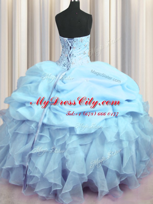 Visible Boning Baby Blue Quinceanera Gowns Military Ball and Sweet 16 and Quinceanera and For with Beading and Ruffles and Pick Ups Sweetheart Sleeveless Lace Up