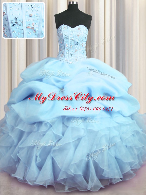 Visible Boning Baby Blue Quinceanera Gowns Military Ball and Sweet 16 and Quinceanera and For with Beading and Ruffles and Pick Ups Sweetheart Sleeveless Lace Up